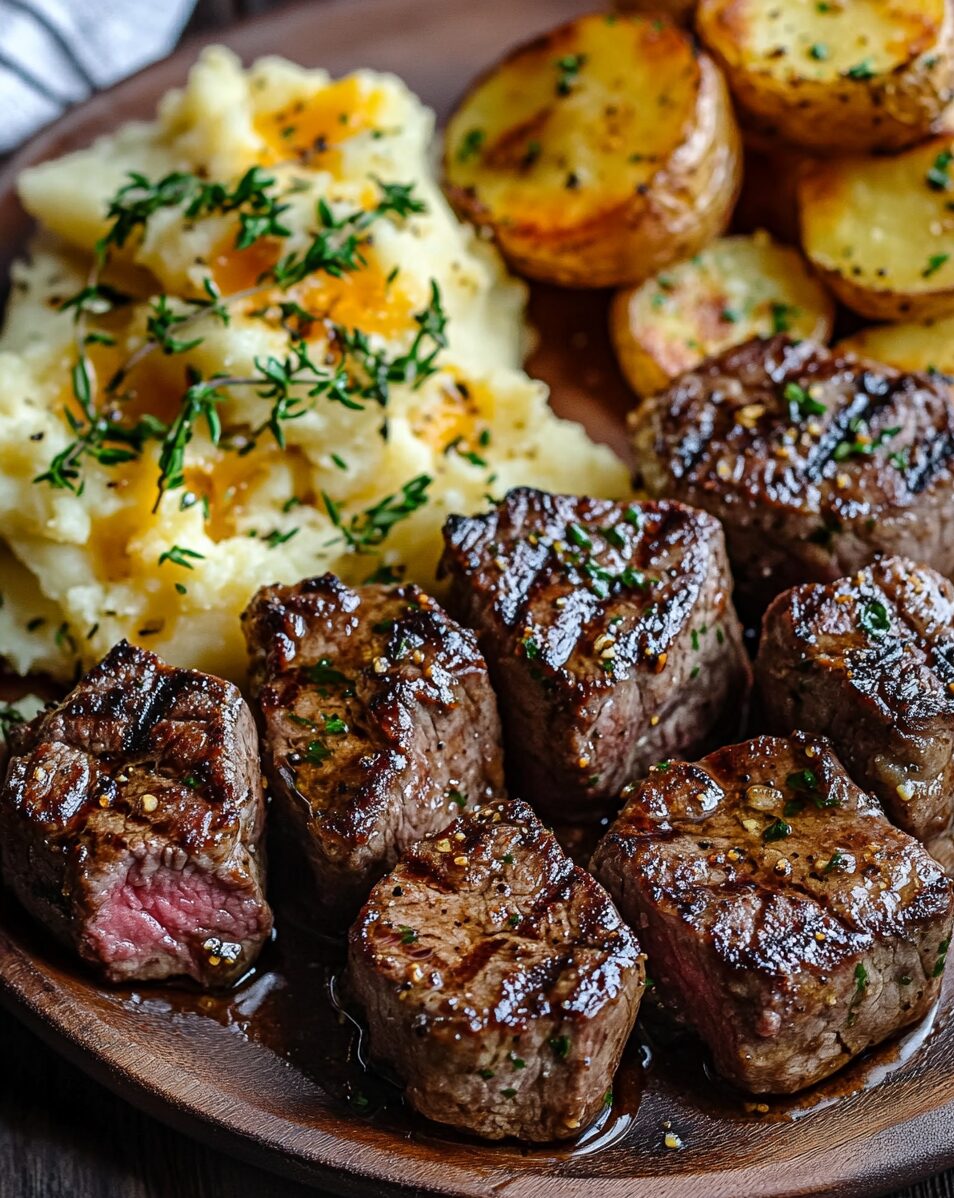 Garlic Butter Steak Bites and Cheesy Smashed Potatoes