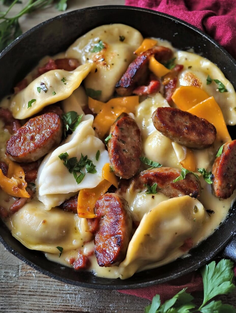 Skillet Kielbasa Sausage and Pierogies