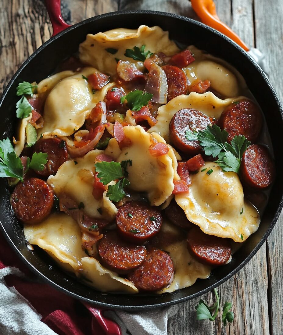 Skillet Kielbasa Sausage and Pierogies