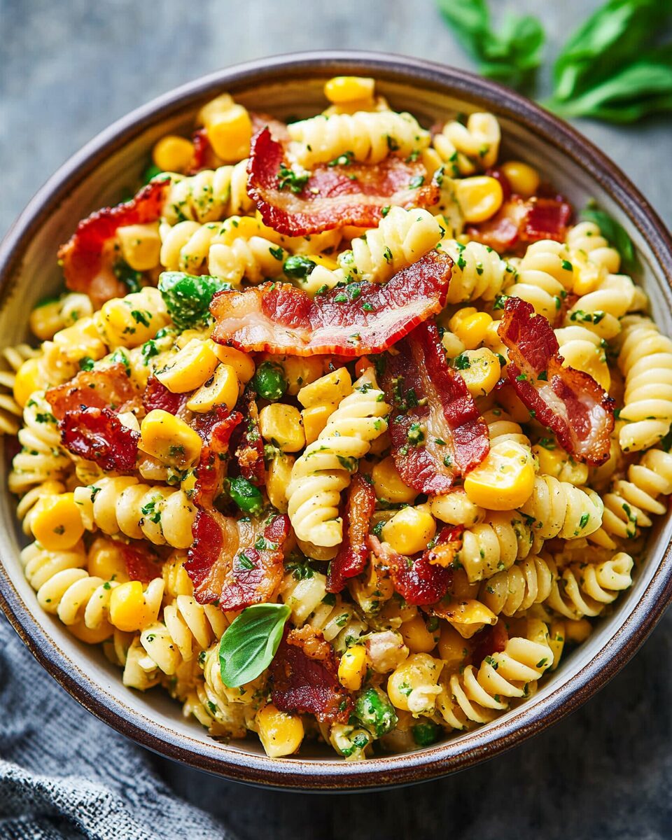 Creamy Corn Pasta Salad with Crispy Bacon