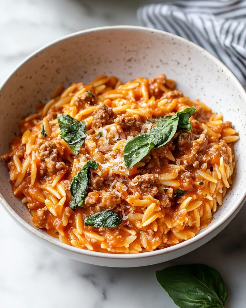 Ground Beef Orzo with Tomato Cream Sauce