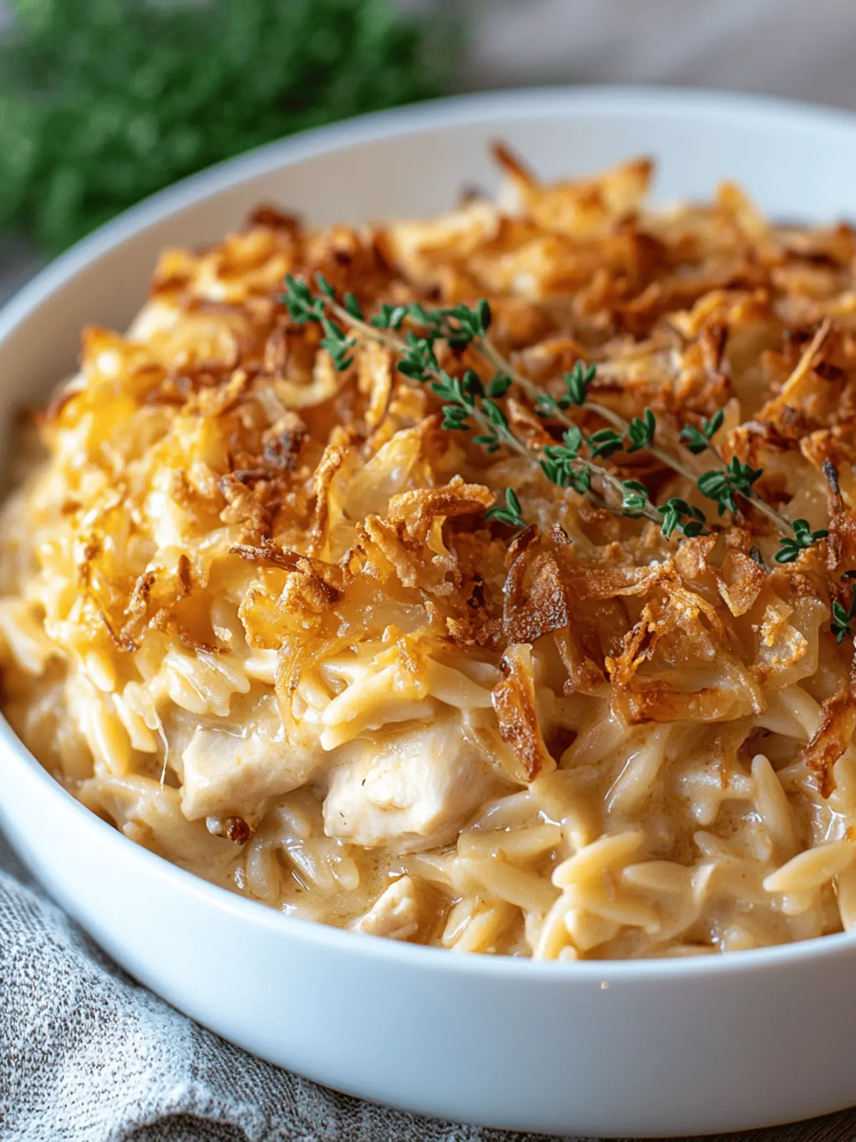 French Onion Chicken Orzo Casserole
