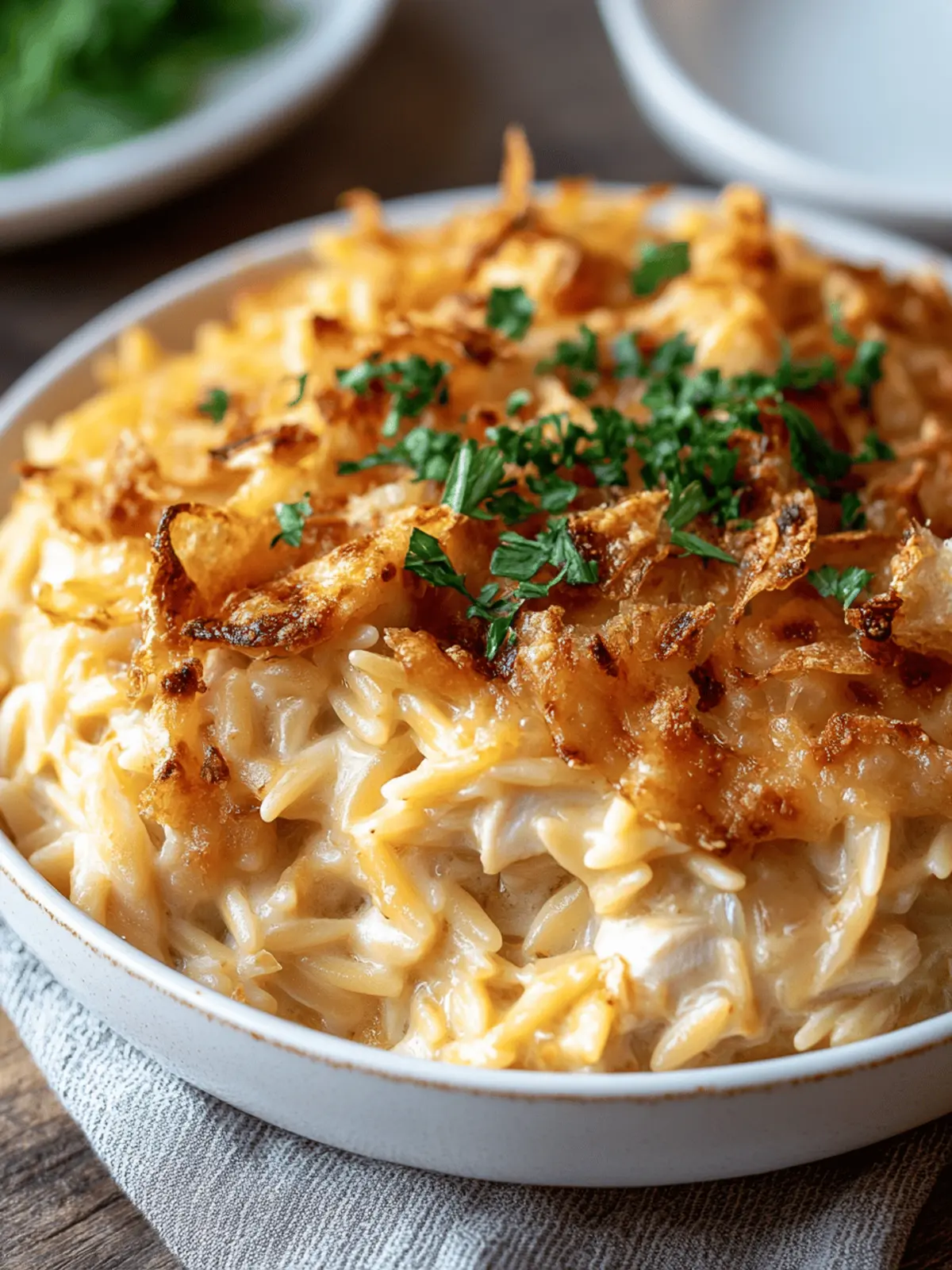 French Onion Chicken Orzo Casserole