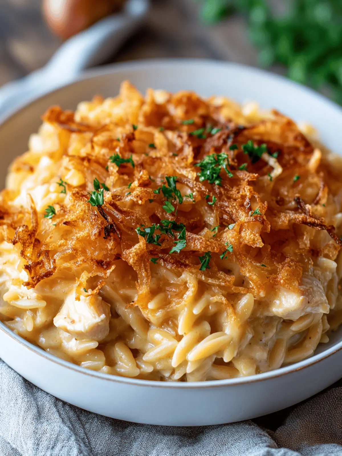 French Onion Chicken Orzo Casserole