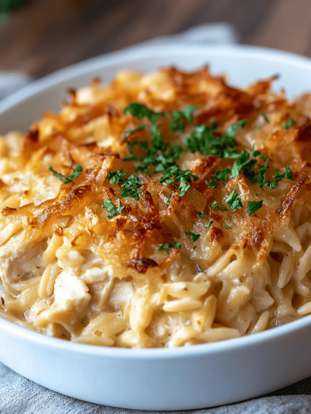 French Onion Chicken Orzo Casserole