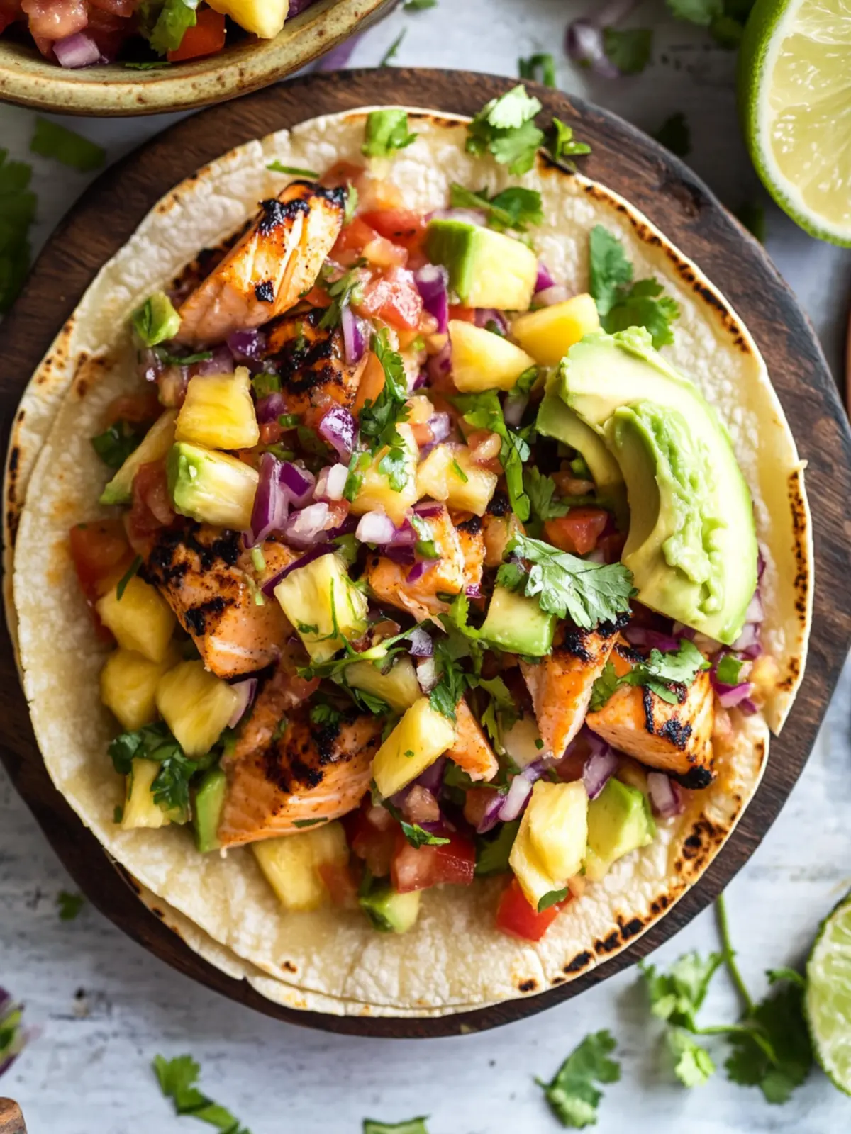 Savory Salmon Tacos with Refreshing Pineapple Avocado Salsa 2 Salmon Tacos & Pineapple Avocado Salsa