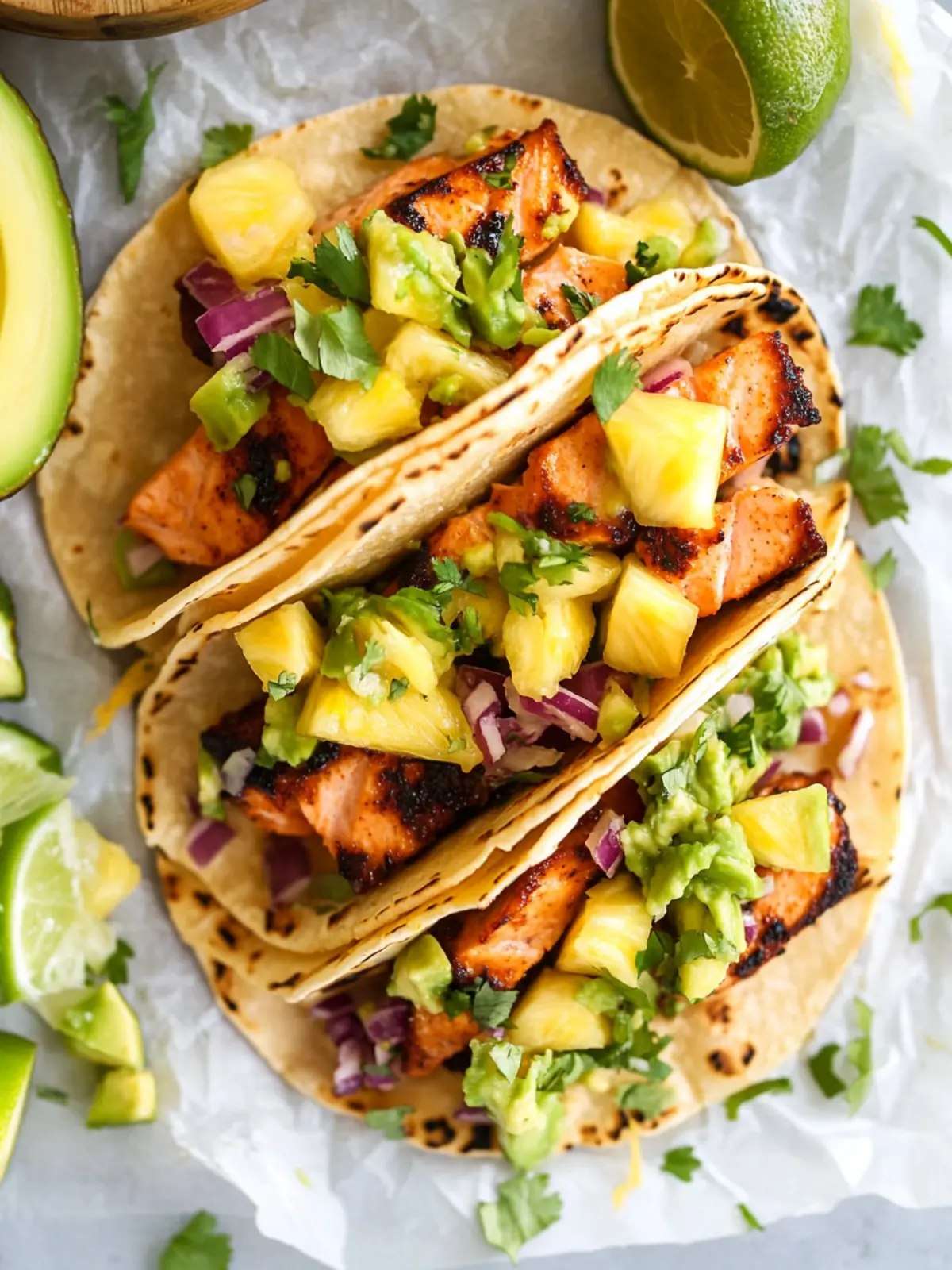 Savory Salmon Tacos with Refreshing Pineapple Avocado Salsa 3 Salmon Tacos & Pineapple Avocado Salsa