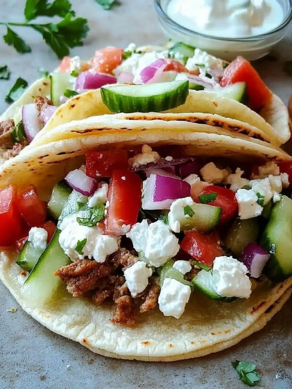 Delicious Greek Tacos with Fresh Cucumber Tomato Relish 2 Greek Tacos