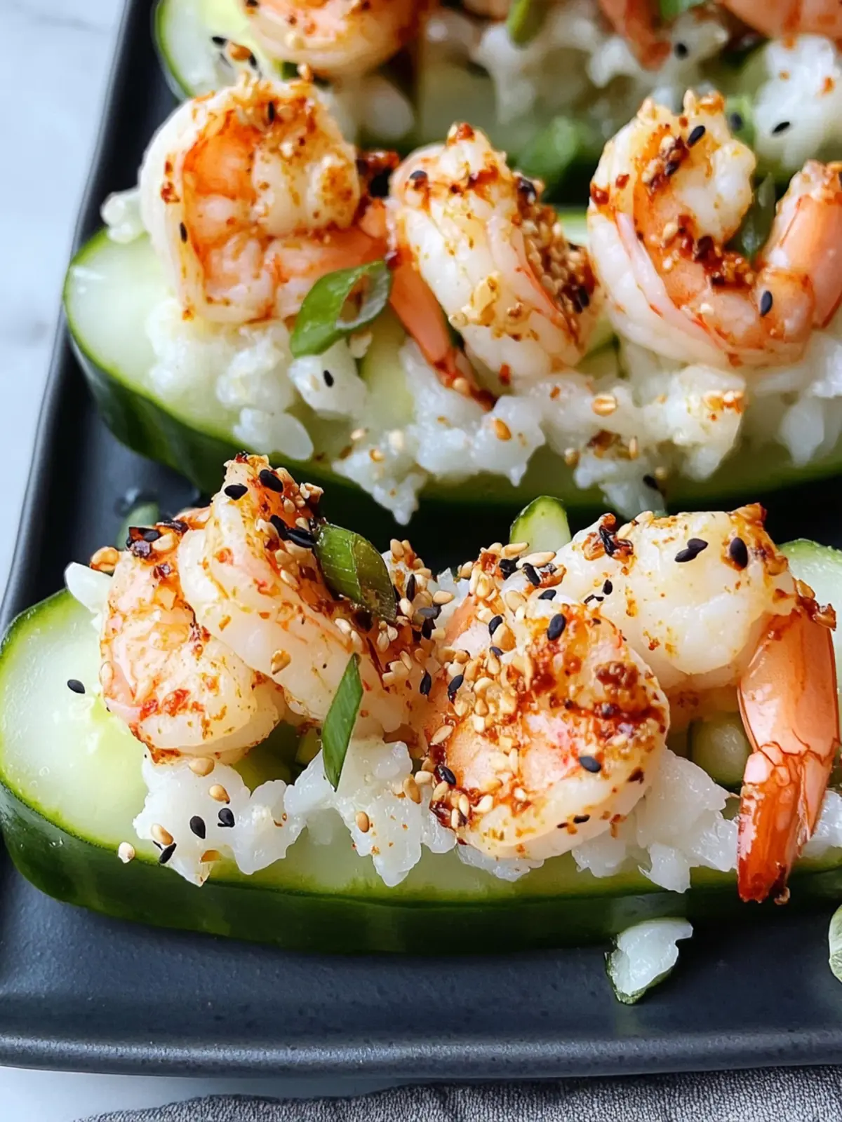 Delicious Spicy Shrimp Cucumber Sushi Boats to Savor at Home 2 Spicy Shrimp Cucumber Sushi boats