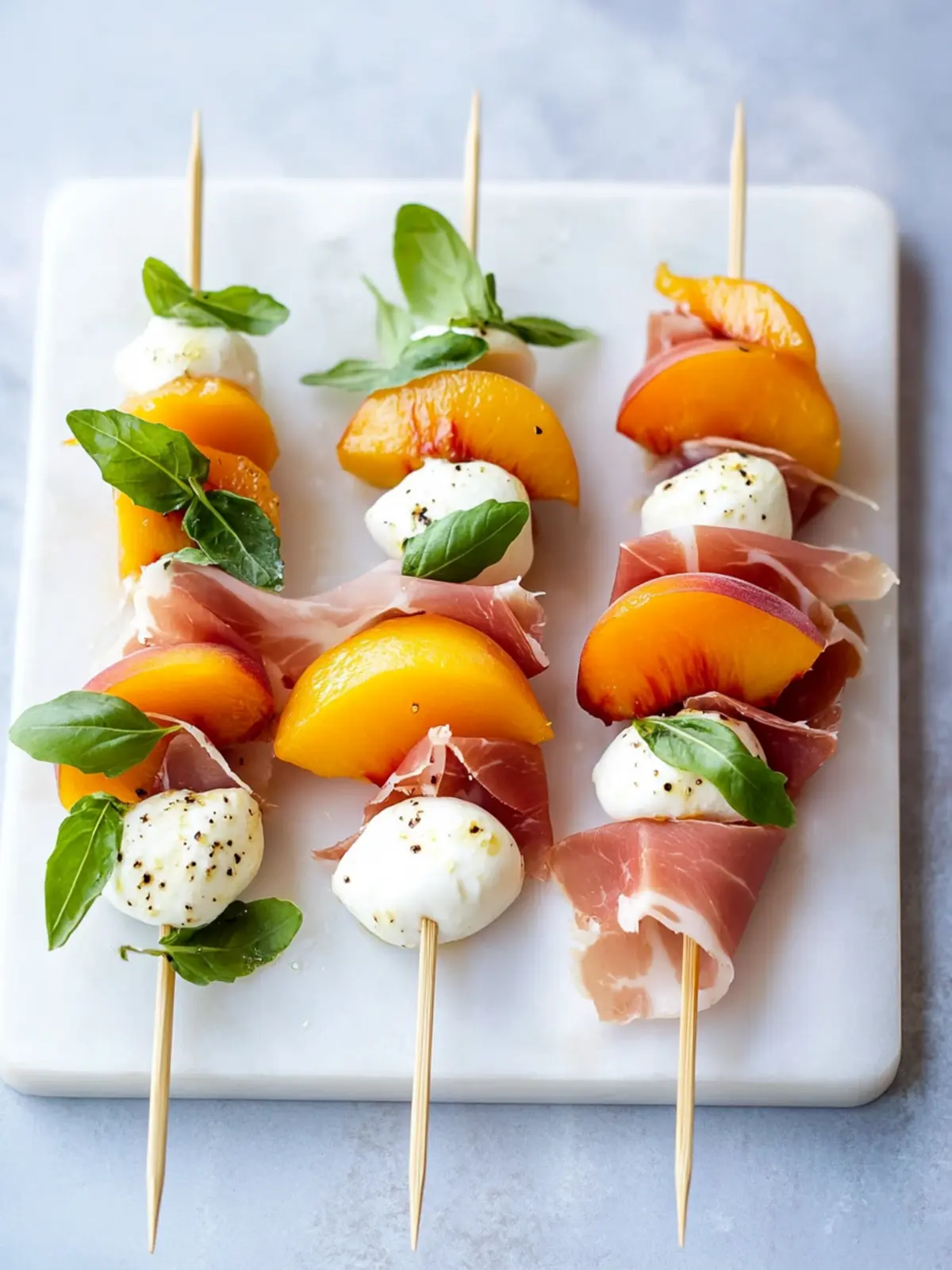 Savory Mozzarella, Prosciutto, and Pickled Peach Skewers 5 Mozzarella, Prosciutto, and Pickled Peach Appetizer Skewers